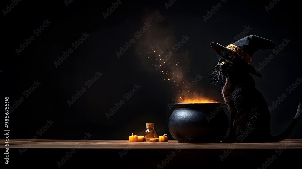 A black cat wearing a witch's hat sits beside a bubbling cauldron ...