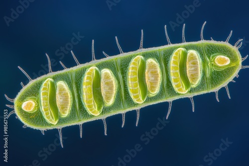 Microscopic view of vibrant green caterpillar on blue background