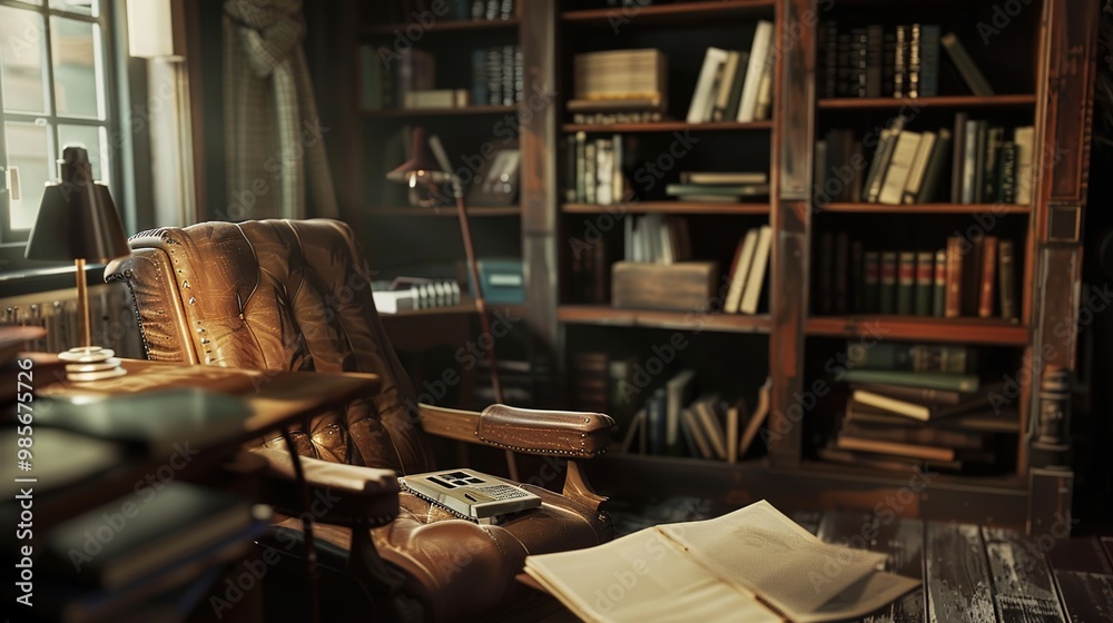 Cozy home office, Bookshelf with books, wooden writing desk adorned with family photographs and plants. Cozy home office, Bookshelf with books, wooden writing desk adorned with family photographs and plants.