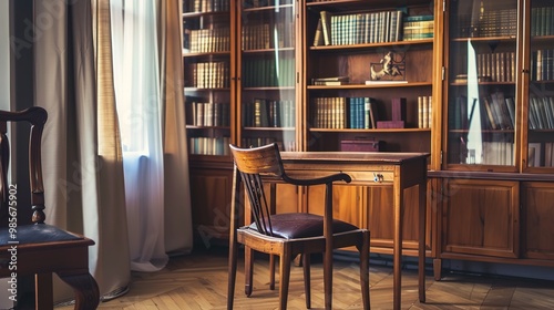 Cozy home office, Bookshelf with books, wooden writing desk adorned with family photographs and plants.