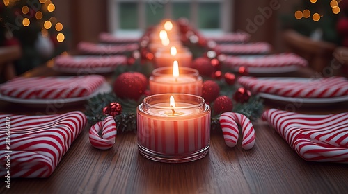 A fun and festive Christmas table with candy cane-themed decor, red and white striped napkins, peppermint candles, and candy cane centerpieces, warm candlelight illuminating the playful holiday scene, photo