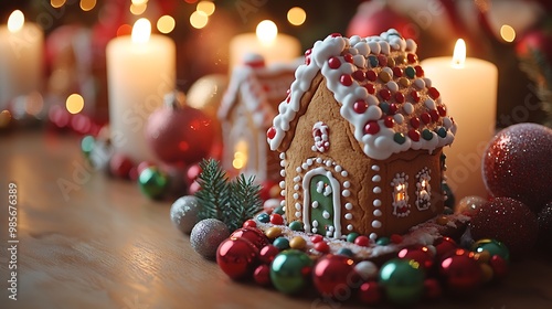 A joyful Christmas table adorned with gingerbread house centerpieces, colorful candy, and red and green decorations, soft candlelight glowing warmly over the playful holiday scene, photo