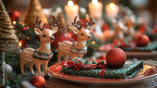 A joyful Christmas table setting with mini reindeer figurines, sleigh napkin holders, and festive red and green tableware, soft candlelight illuminating the playful decorations, photo