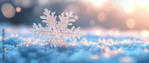 sparkling winter snowflake on blue and pink background with bokeh lights