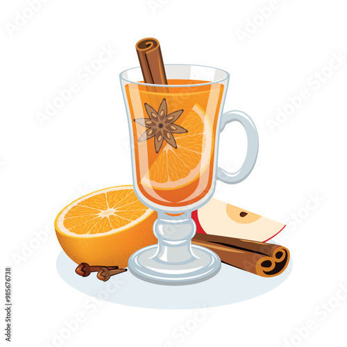 Hot mulled cider with apple, orange, cinnamon and star anise vector illustration. Hot drink with fruit and spices icon vector isolated on a white background. Hot mulled cider drink drawing