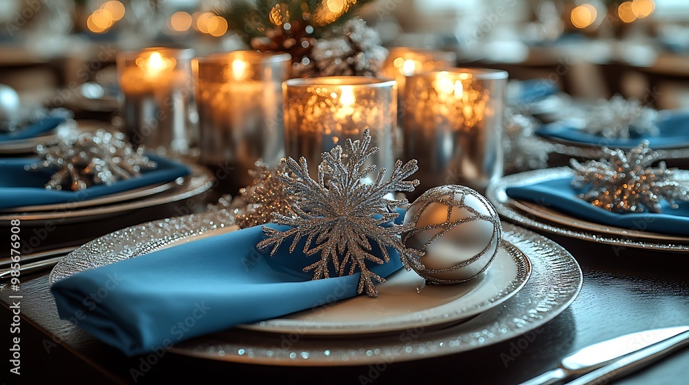 A luxurious Christmas table setting in silver and blue, silver candles and snowflake centerpieces, blue napkins adding a pop of color, soft candlelight creating a cool and elegant holiday vibe, A luxurious Christmas table setting in silver and blue, silver candles and snowflake centerpieces, blue napkins adding a pop of color, soft candlelight creating a cool and elegant holiday vibe,