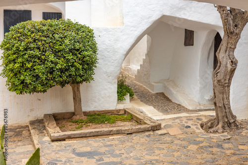 a narrow stone path between the white walls of the building, at the end of which you can see a illuminated green tree. The atmospheric village of Binibeca on Menorca in Spain