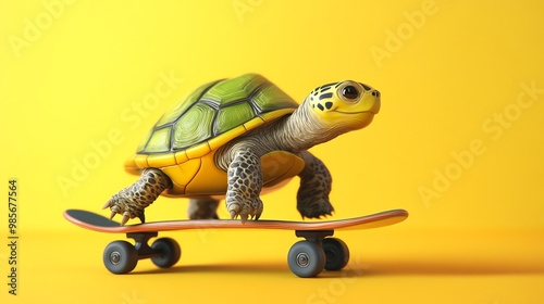 A cute turtle skateboarding on a yellow background.