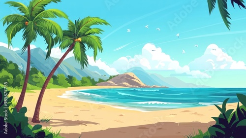 Tropical beach with palm trees and turquoise ocean under blue sky.