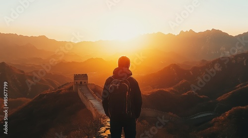 Hiker Walking Along the Great Wall of China at Sunset
