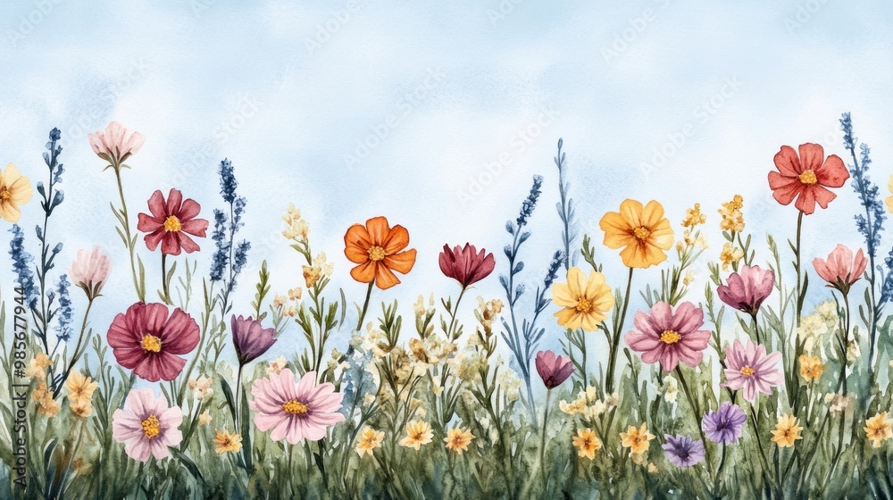 Obraz premium Watercolor Wildflowers Meadow Border.