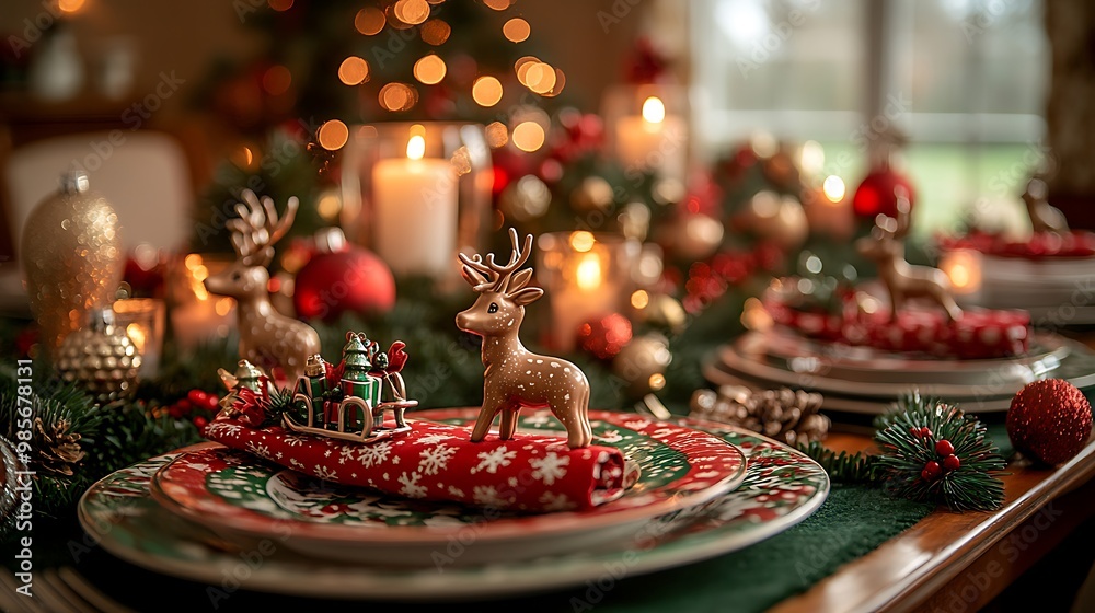 A playful Christmas table featuring mini reindeer figures and sleigh napkin holders, festive red and green tableware, soft candlelight reflecting off the charming decorations, A playful Christmas table featuring mini reindeer figures and sleigh napkin holders, festive red and green tableware, soft candlelight reflecting off the charming decorations,