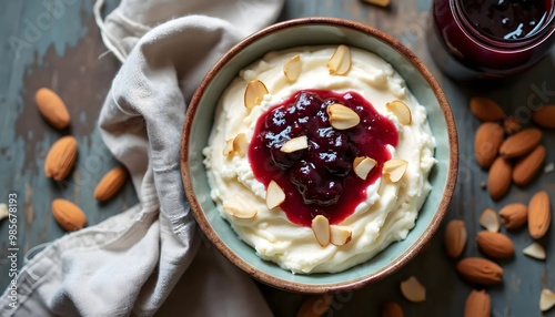 Danish Risalamande Creamy Rice Pudding with Cherry Sauce and Almond Topping (Danish Cuisine) photo