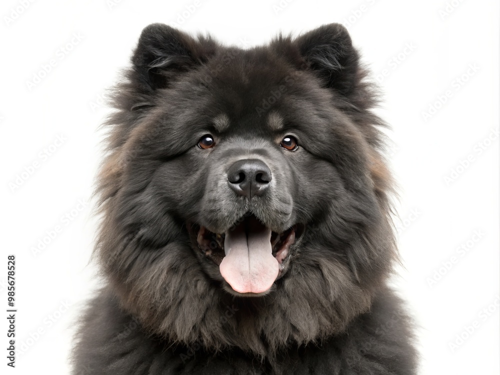Fluffy black Chow Chow sits confidently in front of the camera, its tongue lolling out of its mouth Fluffy black Chow Chow sits confidently in front of the camera, its tongue lolling out of its mouth