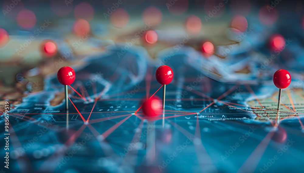 World map with red location pins connected by lines, representing global connections World map with red location pins connected by lines, representing global connections