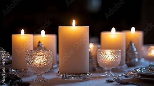 A sophisticated candlelit Christmas table with tall white candles, sparkling crystal glassware, and delicate silver accents, soft candlelight creating a warm and luxurious holiday atmosphere, photo