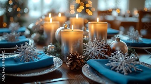 A sophisticated Christmas table with silver candles, blue napkins, and snowflake-themed centerpieces, soft candlelight reflecting off silver accents, photo