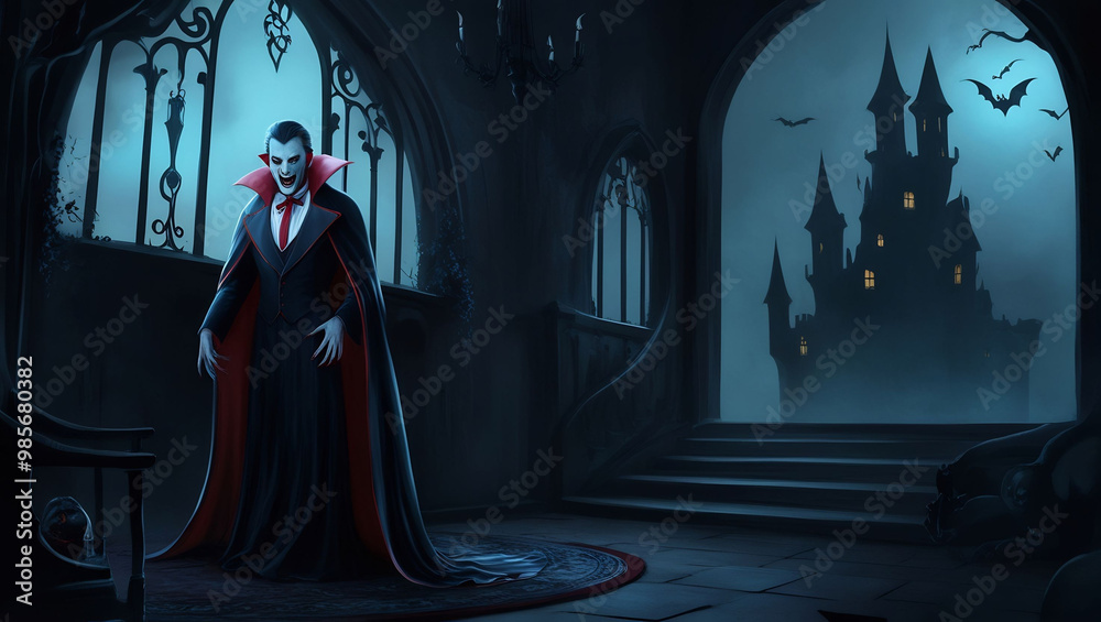 Naklejka premium Mysterious Vampire Lurking in the Shadows of an Ancient Castle, Cloaked in Darkness and Eerie Ambiance, Eyes Glowing with Hunger, Surrounded by Cobwebs and Flickering Candlelight