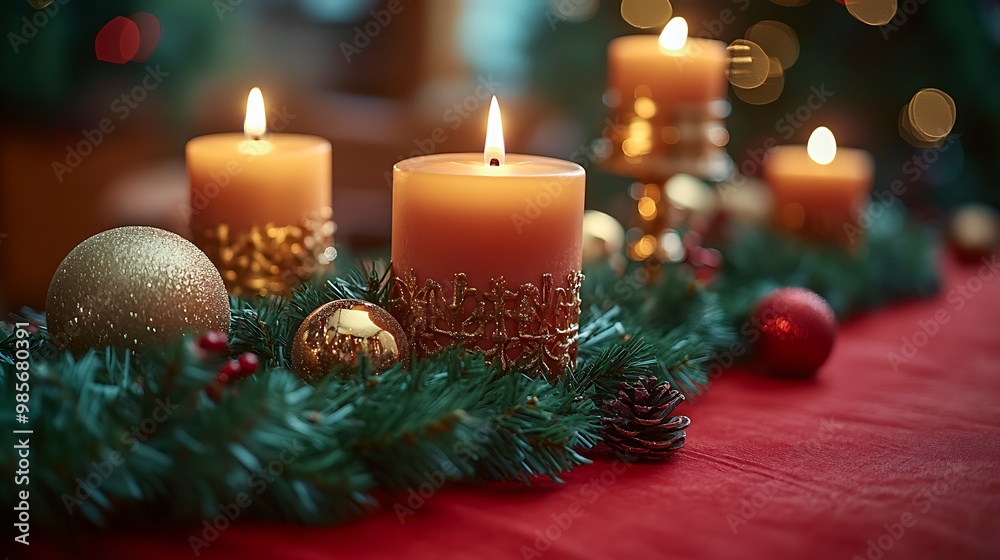 A traditional Christmas table with a red tablecloth, green garland, and golden candle holders, soft candlelight casting warm reflections on the festive decor, cozy and inviting holiday setting,
