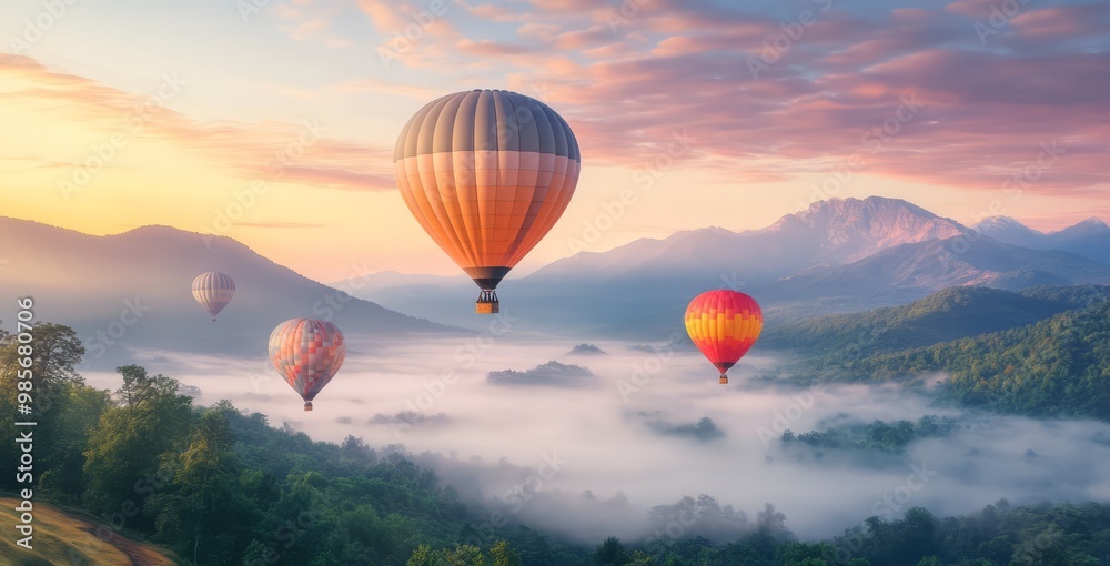 Hot Air Balloons Soar Above Misty Mountains. Hot Air Balloons Soar Above Misty Mountains.