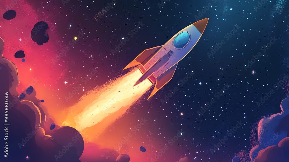 A rocket ship blasts off into space, leaving a trail of fire and smoke. A rocket ship blasts off into space, leaving a trail of fire and smoke.