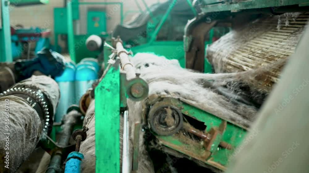 fulling felt factory. production of woolen products. Large mechanisms and machines process wool. automation of felt and wool processing. industry. mechanical part of wool processing