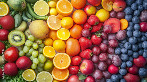 A variety of fruits arranged in a gradient by color. The image is colorful and looks delicious. photo