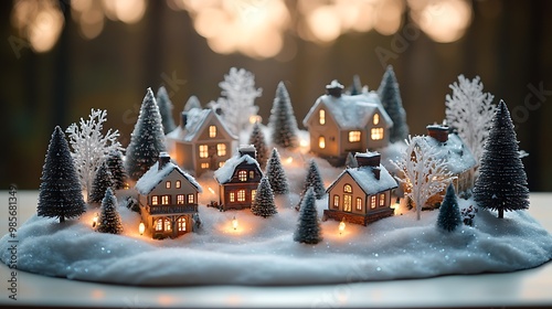 A whimsical snowy village centerpiece on a Christmas table, featuring miniature snow-covered houses, frosted trees, and twinkling lights, soft candlelight illuminating the winter scene, photo