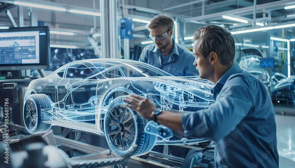 Engineers working on a digital car design in a high-tech automotive factory Engineers working on a digital car design in a high-tech automotive factory