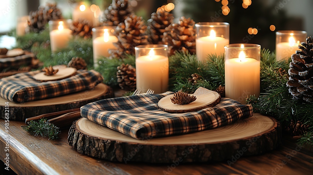 Christmas table decorated with buffalo plaid napkins, wooden accents, and simple greenery, soft candlelight reflecting off the natural elements, creating a warm and festive rustic atmosphere,