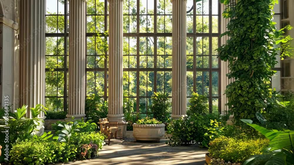 A large room with a lot of greenery and a lot of books A large room with a lot of greenery and a lot of books