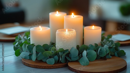 Christmas table decorated with fresh eucalyptus garland, rustic wooden chargers, and glowing white candles, natural textures and earthy greenery creating a calm and organic holiday atmosphere, photo