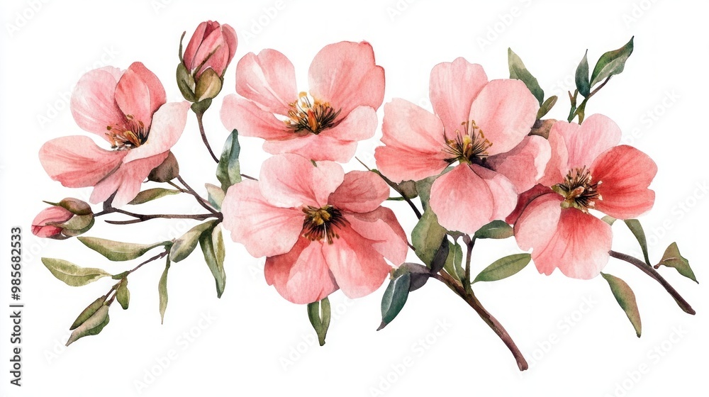 Watercolor Pink Flowers Branch