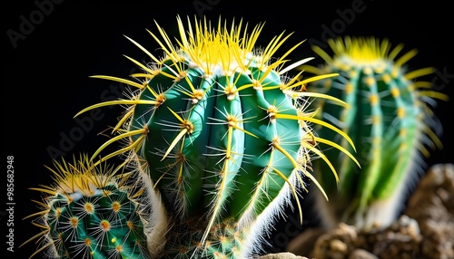 Striking green cactus with yellow spines contrasts boldly against a black backdrop, showcasing its unique shape and texture for a nature-inspired design.