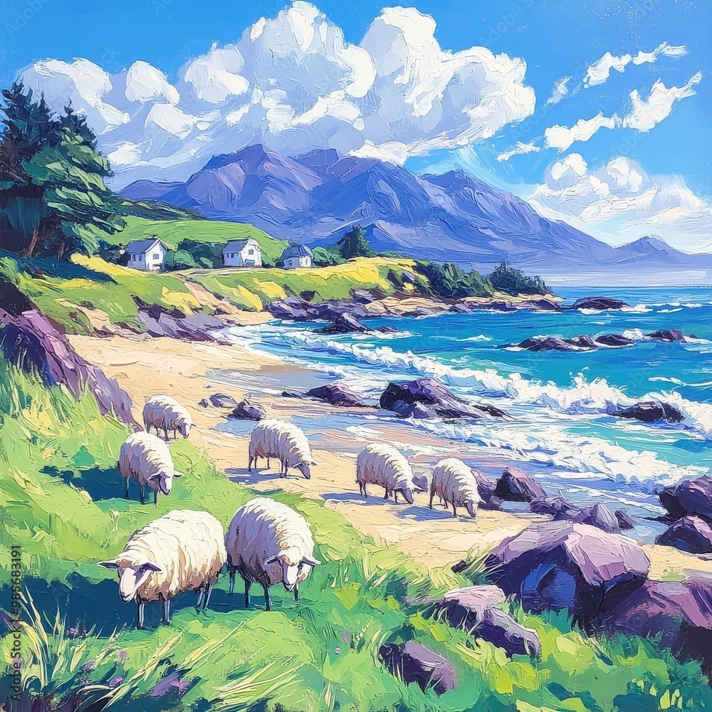 Obraz premium Sheep grazing peacefully on a beach, with the gentle waves and sandy shores creating a serene, coastal scene.