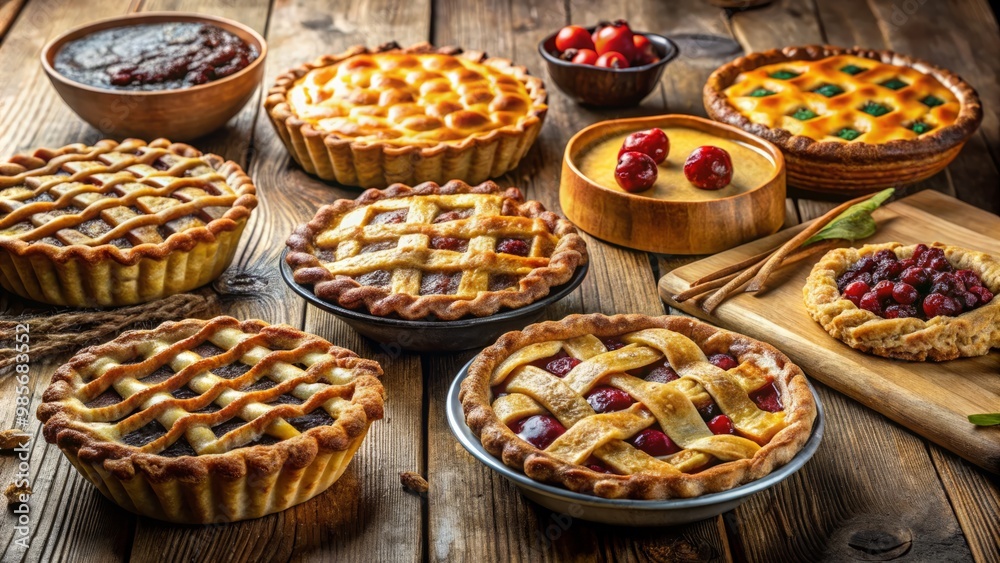 Freshly baked pies overflow from a rustic wooden table, inviting warmth and comfort with golden crusts and aromatic Freshly baked pies overflow from a rustic wooden table, inviting warmth and comfort with golden crusts and aromatic