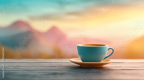 A coffee cup placed on a wooden table, with a soft sunrise illuminating a blurred mountain landscape in the background, creating a peaceful and cozy atmosphere.