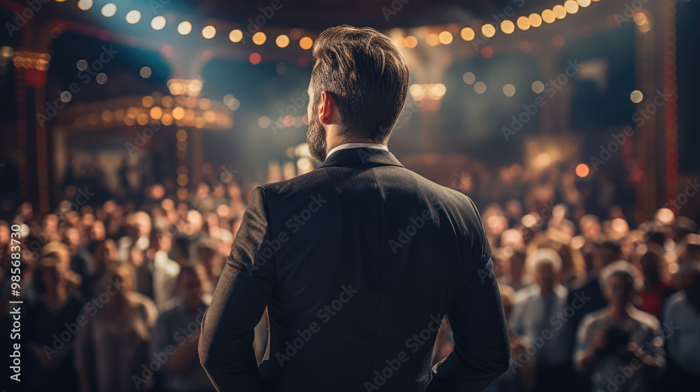 generated illustration of back view of motivational speaker standing on stage in front of audience generated illustration of back view of motivational speaker standing on stage in front of audience