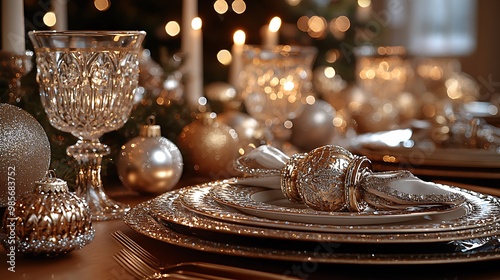 Elegant Glam Christmas table decorated with sparkling gold and silver elements, glittering ornaments, crystal glassware, and shimmering napkin rings, soft candlelight enhancing the sparkle, photo