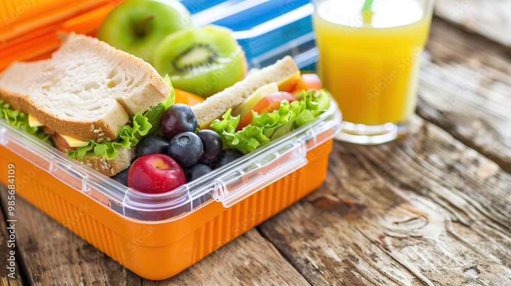 Colorful lunchbox with sandwiches, fruits, and juice on wooden table Colorful lunchbox with sandwiches, fruits, and juice on wooden table