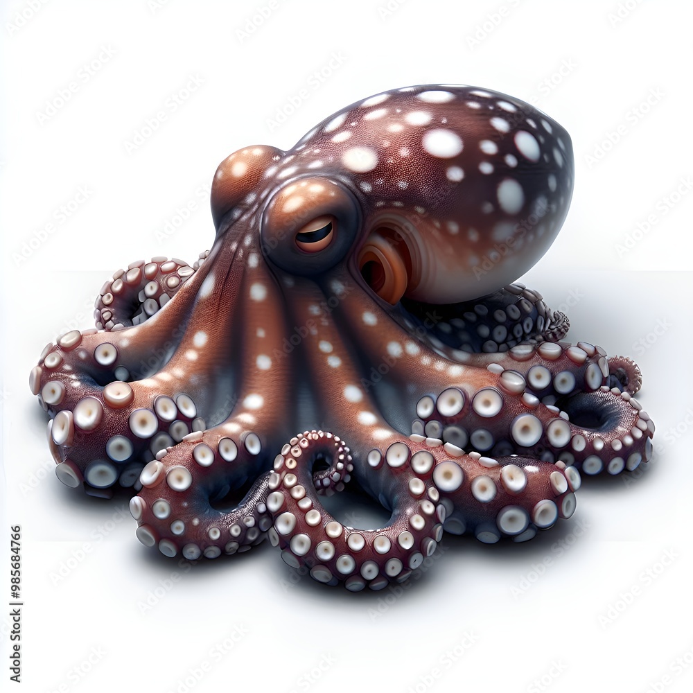 A 3D rendered illustration of a cartoon mimic octopus is presented against a white background. The overall appearance of the octopus is cute and cuddly. A 3D rendered illustration of a cartoon mimic octopus is presented against a white background. The overall appearance of the octopus is cute and cuddly.
