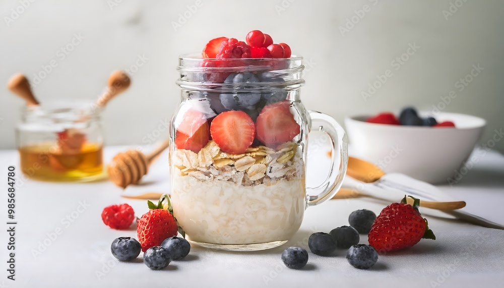 A glass jar filled with overnight oats, topped with fresh berries and a drizzle of honey A glass jar filled with overnight oats, topped with fresh berries and a drizzle of honey