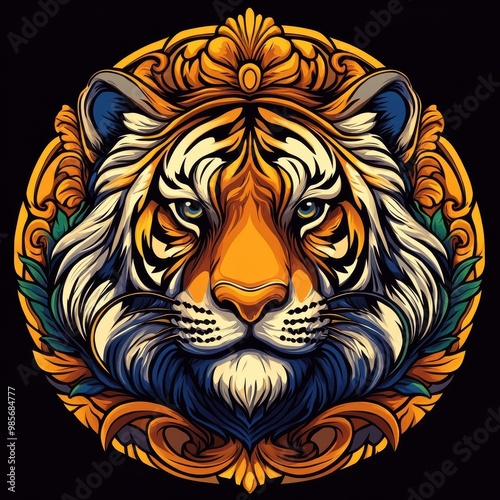 Tiger in Art Nouveau style, flowing lines, ornate details.