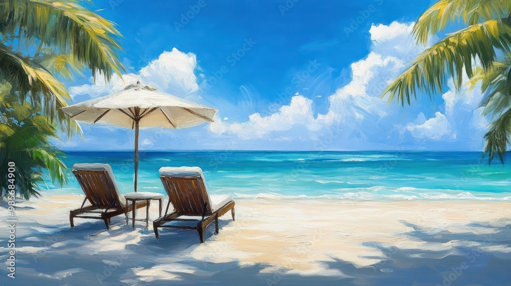 Two lounge chairs sit under an umbrella on a white sand beach with palm trees in the background. Two lounge chairs sit under an umbrella on a white sand beach with palm trees in the background.