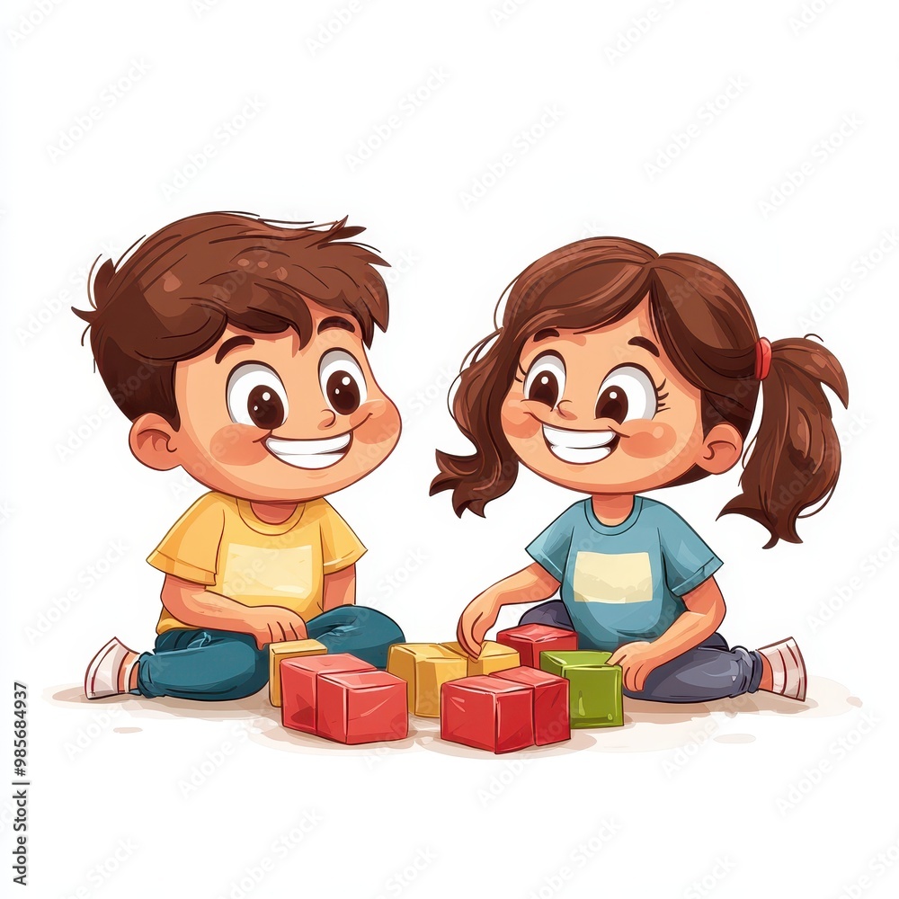 Illustration of a Two joyful children playing with colorful building blocks, fostering creativity and friendship in a fun learning environment. Illustration of a Two joyful children playing with colorful building blocks, fostering creativity and friendship in a fun learning environment.