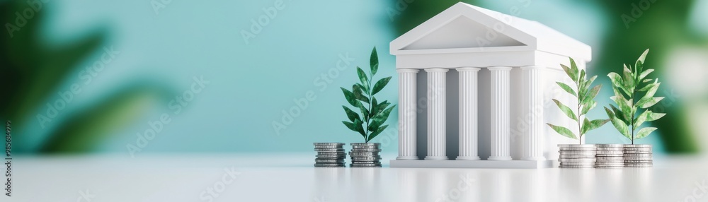 A model of a bank with coins and green plants, symbolizing finance, growth, and investment opportunities. A model of a bank with coins and green plants, symbolizing finance, growth, and investment opportunities.