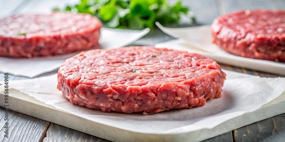 Freshly prepared burger patties sit on crisp white butcher paper, their uncooked surfaces glistening with tender Freshly prepared burger patties sit on crisp white butcher paper, their uncooked surfaces glistening with tender