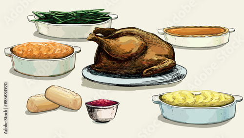 thanksgiving american dinner table fall november full family time illustration