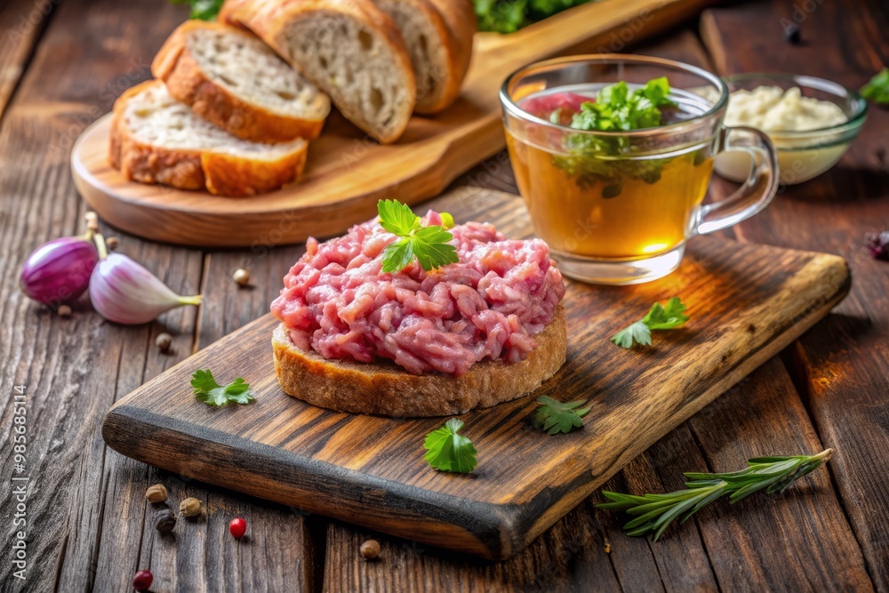 Freshly prepared German-style raw minced pork presented with sautéed onions and crunchy cocktail bread on a rustic Freshly prepared German-style raw minced pork presented with sautéed onions and crunchy cocktail bread on a rustic