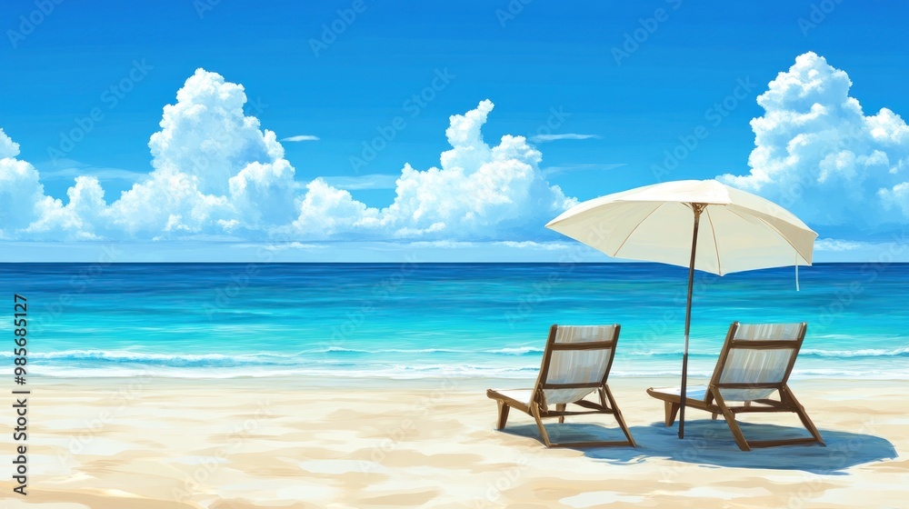 Two lounge chairs on a sandy beach with a white umbrella and blue ocean in the background. Two lounge chairs on a sandy beach with a white umbrella and blue ocean in the background.